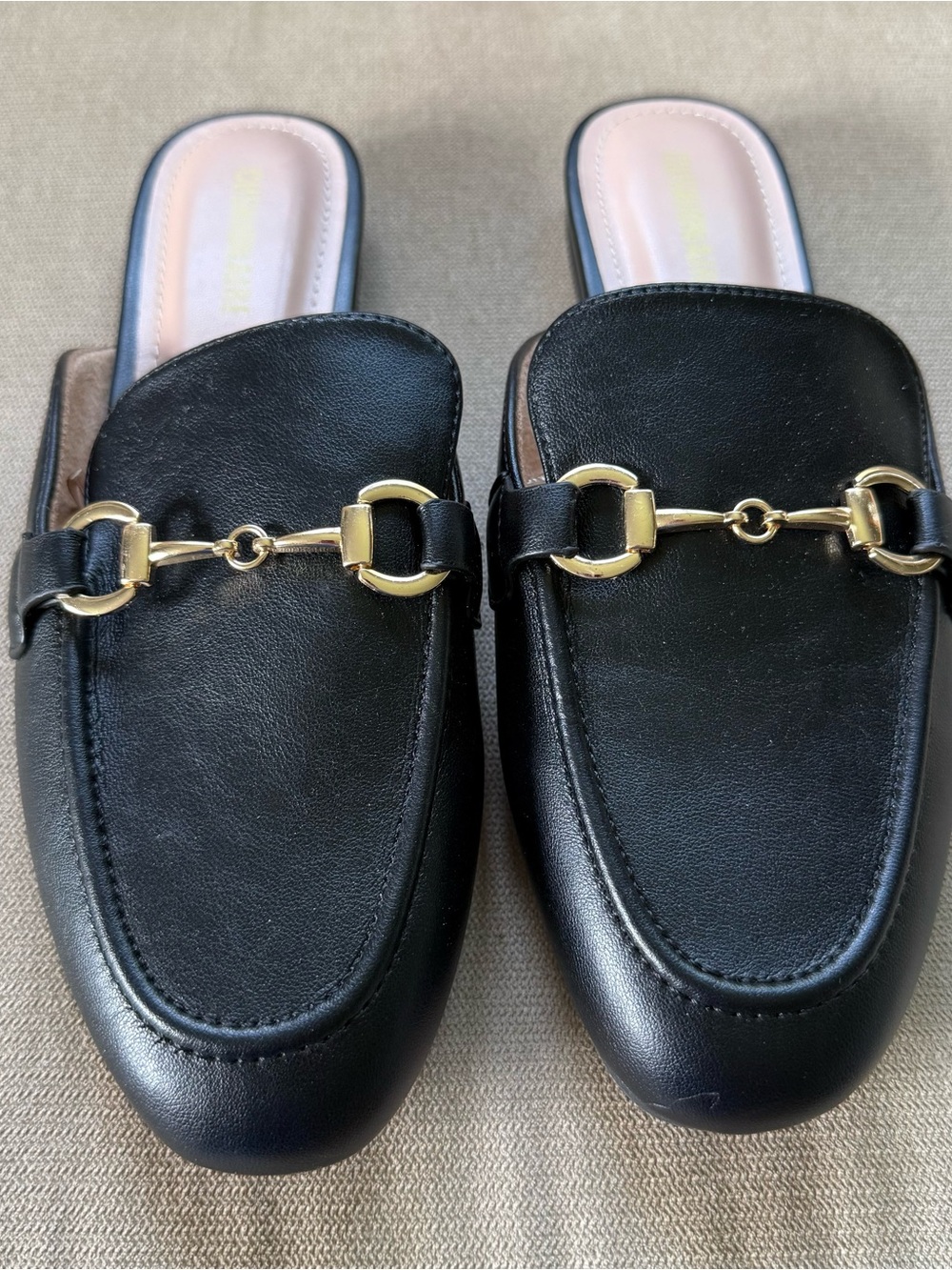 Black Leather Backless Loafers with Gold Horsebit Detail - Picture 2 of 15